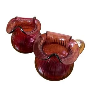 Vtg Pilgrim Glass Optic‎ Cranberry Pink Pitcher Ribbed Clear Handle + Sugar Bowl